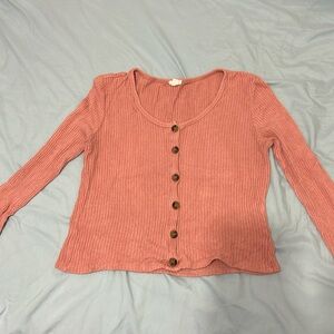 Garage ribbed long sleeve pink buttoned top